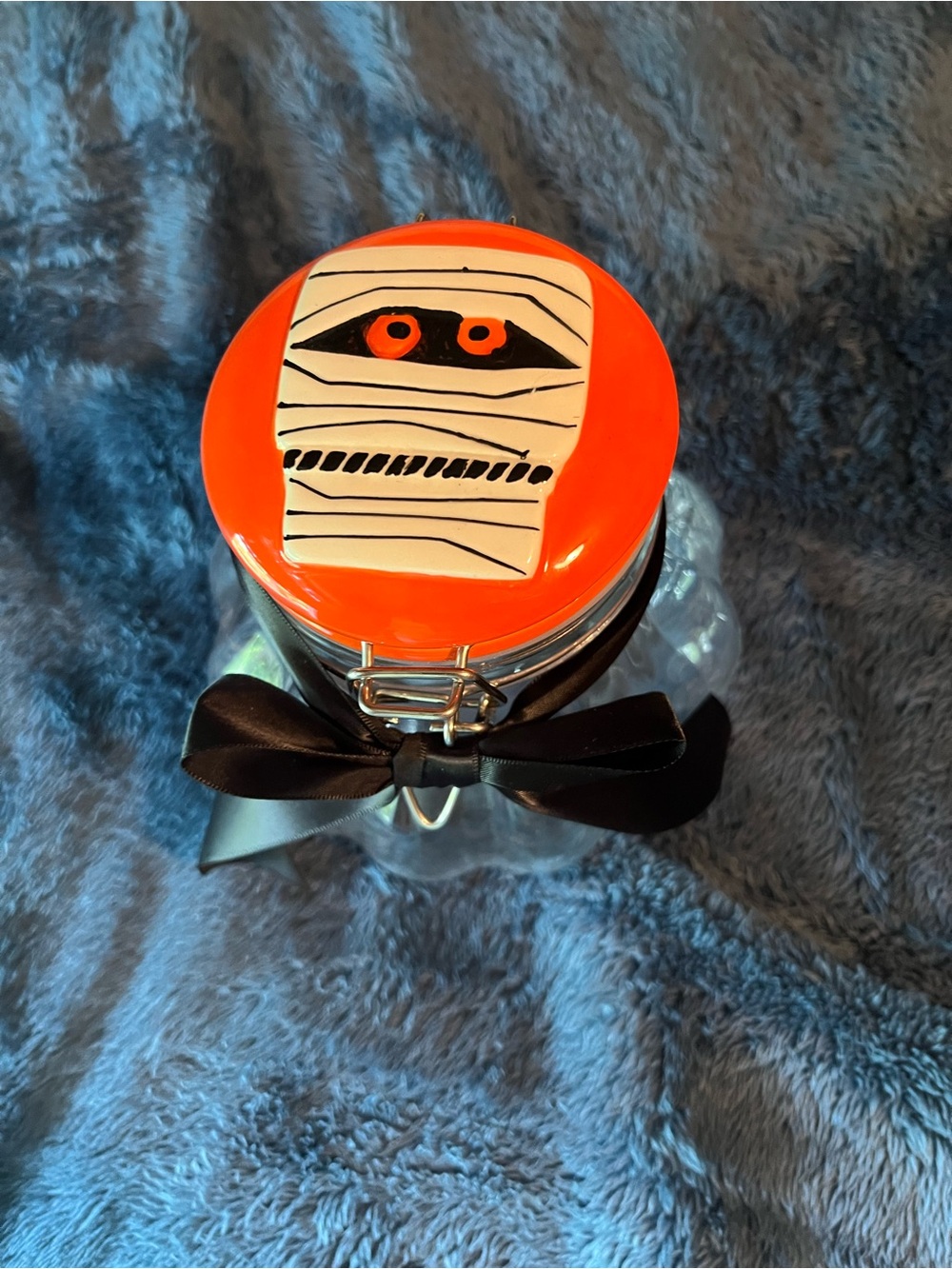 Half Gallon Glass Halloween Wire & Bail Mummy Cat Penny Candy Jar Holiday Home.